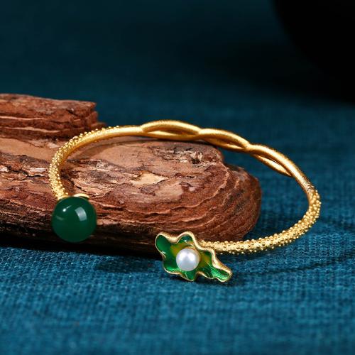 Brass Cuff Bangle, with Green Calcedony & Plastic Pearl, Lotus Leaf, gold color plated, folk style & for woman & enamel, Inner Diameter:Approx 60mm, Sold By PC