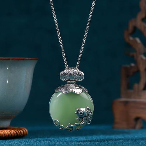 Zinc Alloy Necklace with Jade Fish silver color plated vintage & oval chain & for woman & hollow Length Approx 17.7 Inch Sold By PC