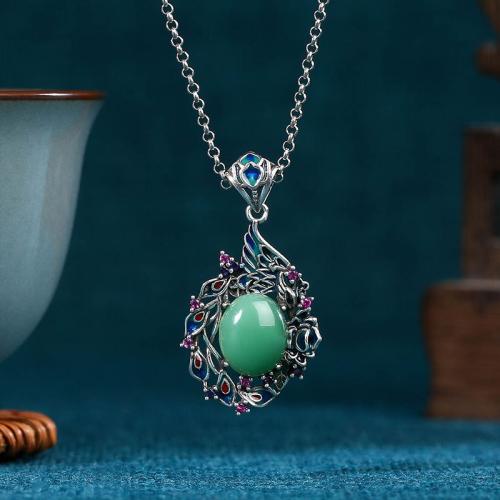 Tibetan Style Necklace, with Jade, Phoenix, silver color plated, vintage & oval chain & for woman & enamel, Length:Approx 17.7 Inch, Sold By PC