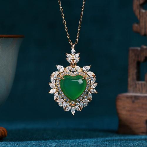 Tibetan Style Necklace, with Green Calcedony, Heart, gold color plated, vintage & oval chain & for woman & with rhinestone, Length:Approx 17.7 Inch, Sold By PC