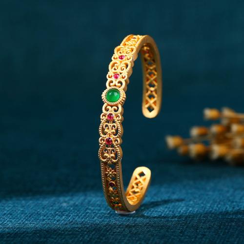 Brass Cuff Bangle, with Green Calcedony, gold color plated, vintage & for woman & hollow, Inner Diameter:Approx 60mm, Sold By PC