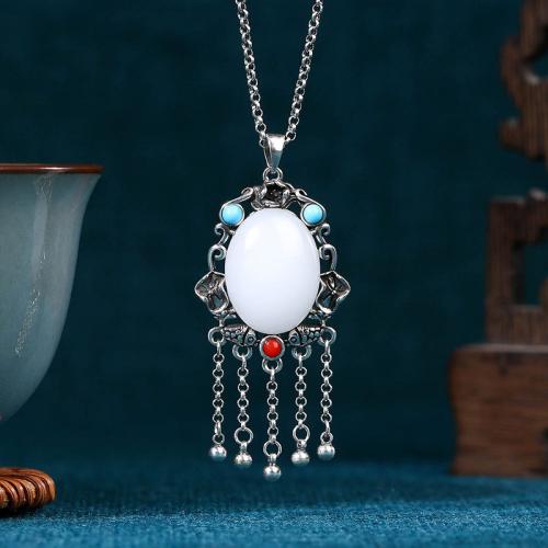 Tibetan Style Necklace, with Jade, silver color plated, vintage & oval chain & for woman, Length:Approx 17.7 Inch, Sold By PC