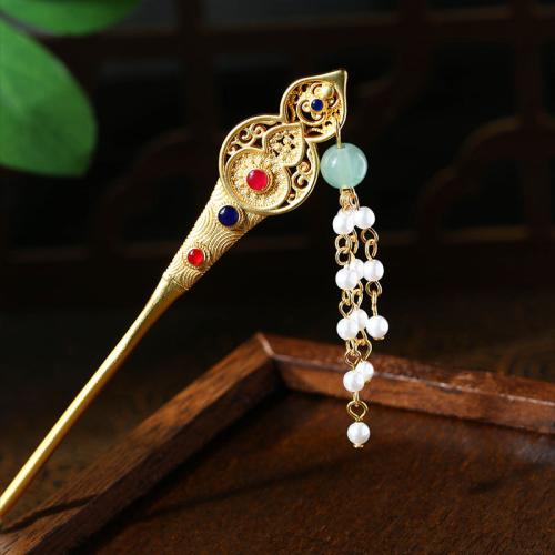 Tibetan Style Hair Stick, with Jade & Plastic Pearl, Calabash, gold color plated, vintage & for woman & hollow, Sold By PC