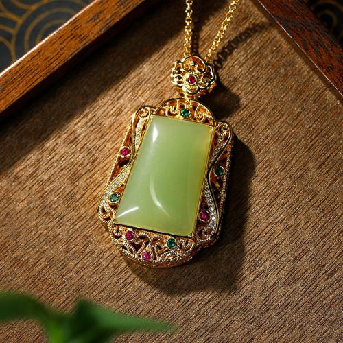 Zinc Alloy Necklace with Jade Geometrical Pattern gold color plated folk style & oval chain & for woman & with rhinestone & hollow Length Approx 17.7 Inch Sold By PC