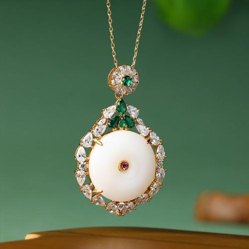 Brass Necklace, with Jade, gold color plated, oval chain & for woman & with rhinestone, Length:Approx 17.7 Inch, Sold By PC