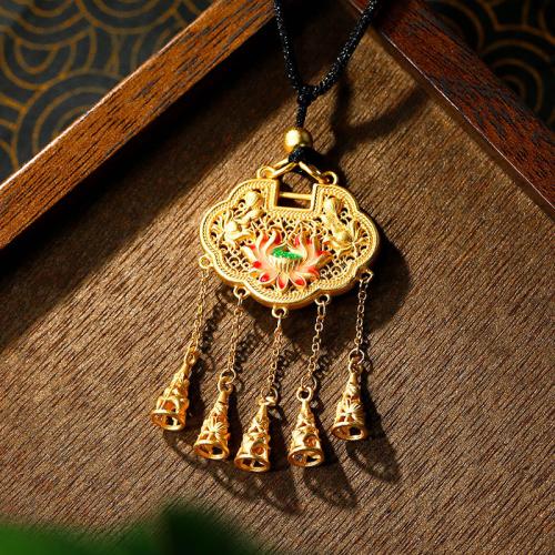 Tibetan Style Necklace, with Polyester Cord, Longevity Lock, gold color plated, Unisex & enamel & hollow, Length:Approx 16-20 Inch, Sold By PC