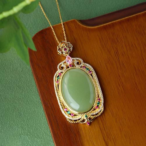 Brass Necklace with Jade gold color plated oval chain & for woman & with rhinestone & hollow Length Approx 17.7 Inch Sold By PC