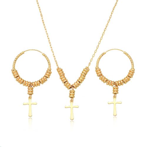 Brass Jewelry Set, earring & necklace, 18K gold plated, 2 pieces & fashion jewelry & for woman, golden, Length:Approx 45 cm, Sold By Set