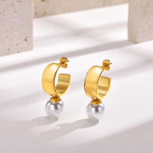 Stainless Steel Stud Earrings 304 Stainless Steel with Plastic Pearl fashion jewelry & for woman golden Sold By Pair