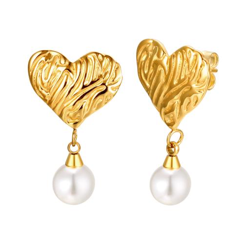 Stainless Steel Drop Earring 304 Stainless Steel with Plastic Pearl Heart fashion jewelry & for woman golden Sold By Pair