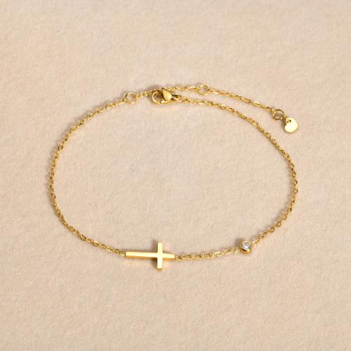 Anklet de acero inoxidable, acero inoxidable 304, con 5cm extender cadena, Cruces, Joyería & micro arcilla de zirconia cúbica & para mujer, dorado, longitud:aproximado 21 cm, Vendido por UD