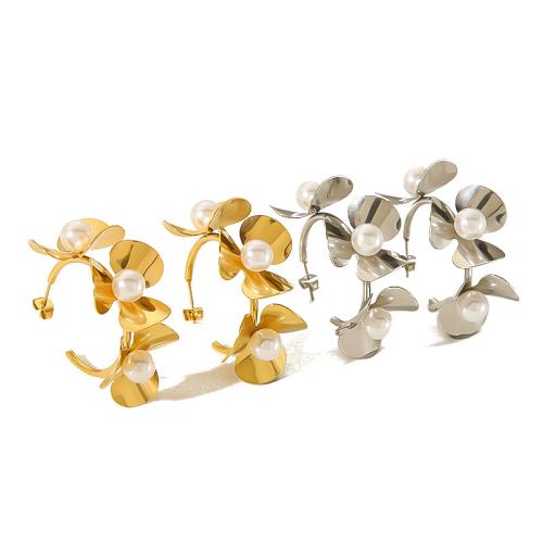 Stainless Steel Stud Earrings 304 Stainless Steel with Plastic Pearl Flower Vacuum Ion Plating fashion jewelry & for woman Sold By Pair