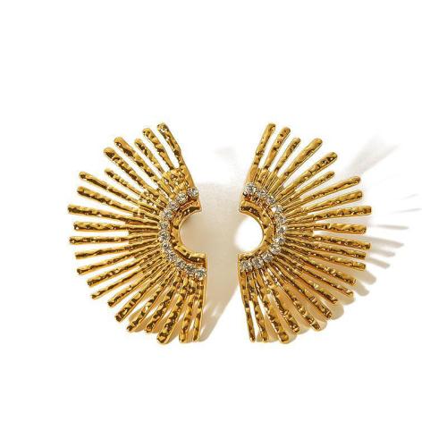 Boucle d'oreille de gaujon en acier inoxydable, Acier inoxydable 304, éventail, bijoux de mode & pour femme & avec strass, doré, protéger l'environnement, sans nickel, plomb et cadmium, 26.30x47.50mm, Vendu par paire