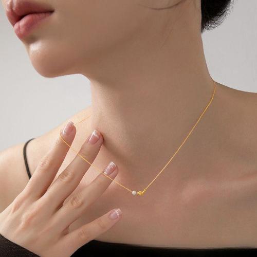 Collier d'acier titane, avec perle de plastique, dauphin, Placage de couleur d'or, pour femme, Longueur:45 cm, Vendu par PC