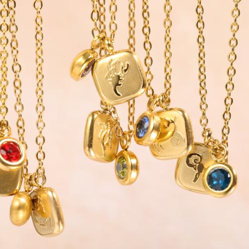 Stainless Steel Jewelry Necklace, 304 Stainless Steel, with 5CM extender chain, 12 Signs of the Zodiac, gold color plated, different designs for choice & for woman & with rhinestone, more colors for choice, 9x9mm, Length:40 cm, Sold By PC