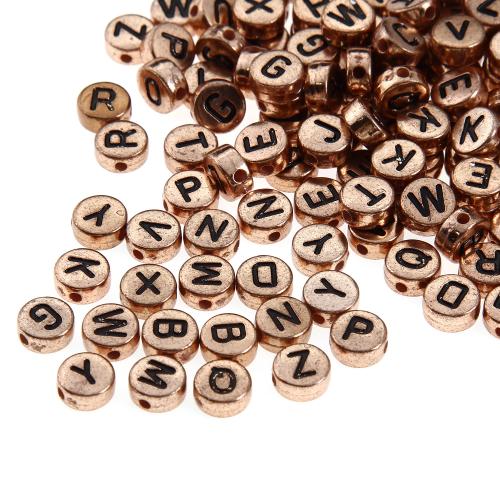 Perles acrylique alphabet, DIY, couleur or rose, 4x7mm, Trou:Environ 1.25-1.35mm, 100PC/sac, Vendu par sac