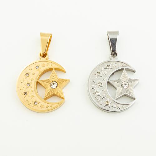 Bijoux pendentifs en acier inoxydable , Acier inoxydable 304, Lune et Etoile, DIY & avec strass, plus de couleurs à choisir, 26x22mm, Trou:Environ 4mm, Vendu par PC