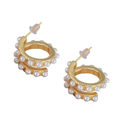 Cubic Zirconia Micro Pave Brass Earring with Plastic Pearl plated & micro pave cubic zirconia & for woman & enamel gold Sold By Pair