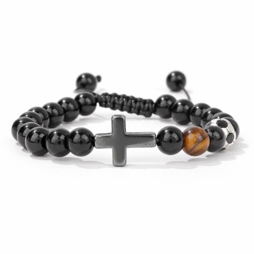 Bracelets naturelles Tiger Eye, alliage de zinc, avec corde de cire & oeil de tigre & Hématite, unisexe, couleurs mélangées, Longueur:Environ 16 cm, Vendu par PC