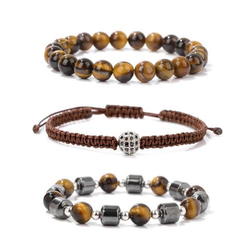 Gemstone Bracelets, Tibetan Style, with Natural Stone & Polyester Cord, three pieces & Unisex & micro pave cubic zirconia, more colors for choice, Sold By PC