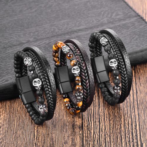 PU Leather Cord Bracelets Gemstone with Natural Stone & PU Leather & Hematite & Zinc Alloy plated three layers & for man nickel lead & cadmium free Length 21 cm Sold By PC