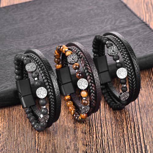 PU Leather Cord Bracelets, Gemstone, with Natural Stone & PU Leather & Hematite & Tibetan Style, plated, three layers & different materials for choice & for man, more colors for choice, nickel, lead & cadmium free, Length:21 cm, Sold By PC