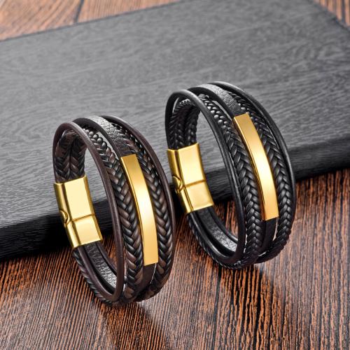 PU Leather Cord Bracelets, Tibetan Style, with PU Leather & 304 Stainless Steel, Vacuum Ion Plating, multilayer & Unisex, more colors for choice, nickel, lead & cadmium free, Length:21 cm, Sold By PC