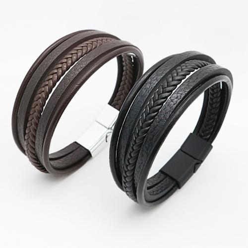 PU Leather Cord Bracelets, 304 Stainless Steel, with Magnet & PU Leather, Vacuum Ion Plating, multilayer & Unisex, more colors for choice, Length:21 cm, Sold By PC