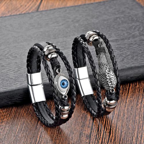 PU Leather Cord Bracelets, Tibetan Style, with Magnet & PU Leather & PVC Plastic, plated, three layers & Unisex & different styles for choice, more colors for choice, nickel, lead & cadmium free, Length:21 cm, Sold By PC