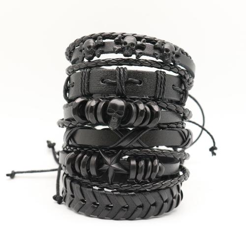 PU Leather Cord Bracelets, Tibetan Style, with Magnet & PU Leather & Wax Cord, plated, multilayer & Unisex, more colors for choice, nickel, lead & cadmium free, Length:19 cm, 6PC/Set, Sold By Set