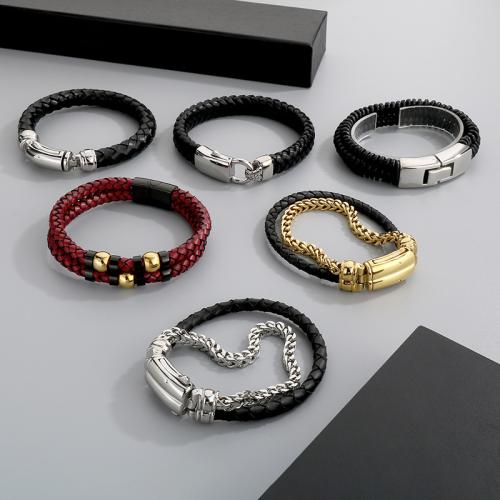 Stainless Steel Jewelry Bracelet, 304 Stainless Steel, with PU Leather, Vacuum Ion Plating, different styles for choice & for man, more colors for choice, Sold By PC