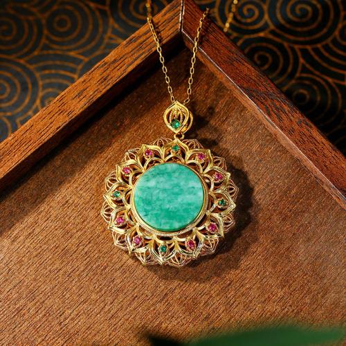 Tibetan Style Necklace, with Kosmochlor Jade, Flower, gold color plated, vintage & oval chain & for woman & with rhinestone & hollow, Length:Approx 17.7 Inch, Sold By PC