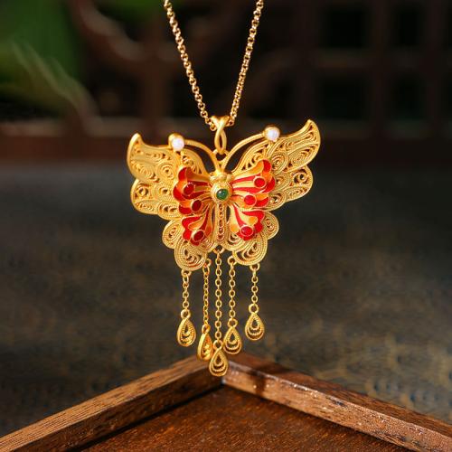 Zinc Alloy Necklace with Jade Butterfly gold color plated vintage & oval chain & for woman & enamel Length Approx 17.7 Inch Sold By PC