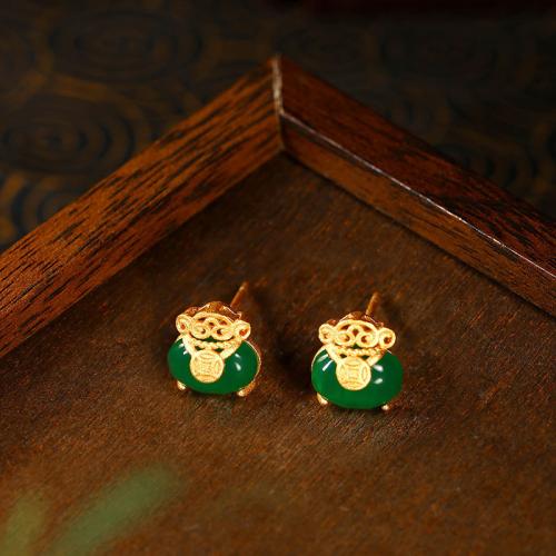 Tibetan Style Stud Earring, with Green Calcedony, gold color plated, for woman & hollow, 8x9mm, Sold By Pair