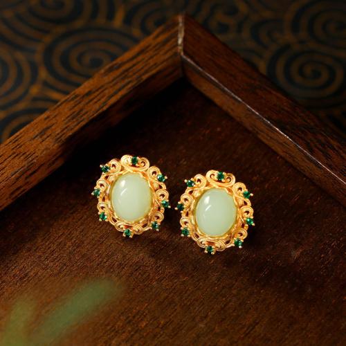 Tibetan Style Stud Earring, with Jade, gold color plated, vintage & for woman & with rhinestone, 16x18mm, Sold By Pair