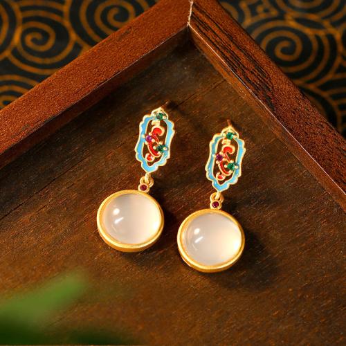 Tibetan Style Drop Earring, with Jade, gold color plated, vintage & for woman & enamel & hollow, 13x33mm, Sold By Pair