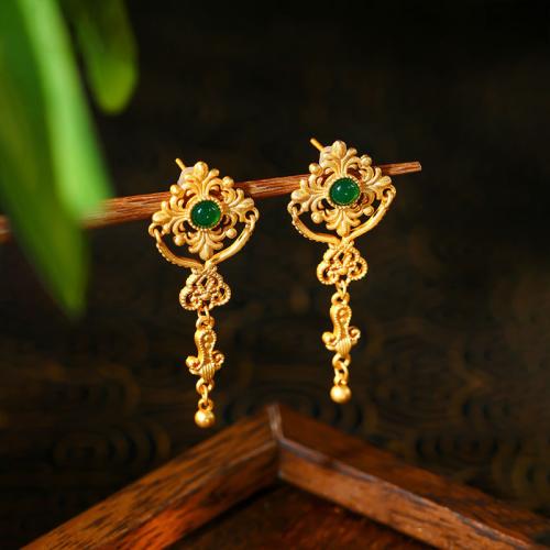 Tibetan Style Drop Earring, with Jade, Flower, gold color plated, vintage & for woman & hollow, 16x42mm, Sold By Pair