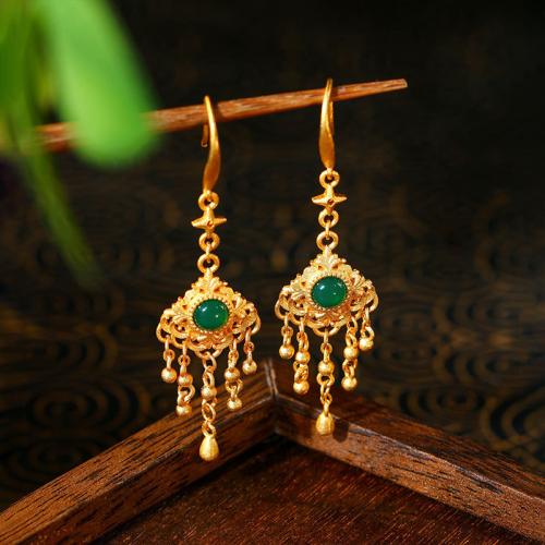 Tibetan Style Drop Earring, with Jade, gold color plated, vintage & for woman & hollow, 15x58mm, Sold By Pair