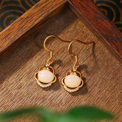 Zinc Alloy Drop Earring with Jade Ruyi gold color plated vintage & for woman & with rhinestone & hollow Sold By Pair