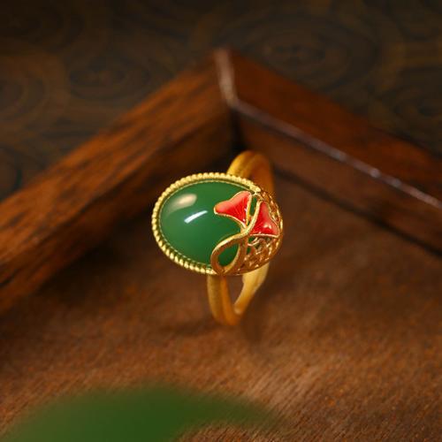 Tibetan Style Cuff Finger Ring, with Jade, Ginkgo Leaf, gold color plated, vintage & for woman & enamel, US Ring Size:6-8, Sold By PC