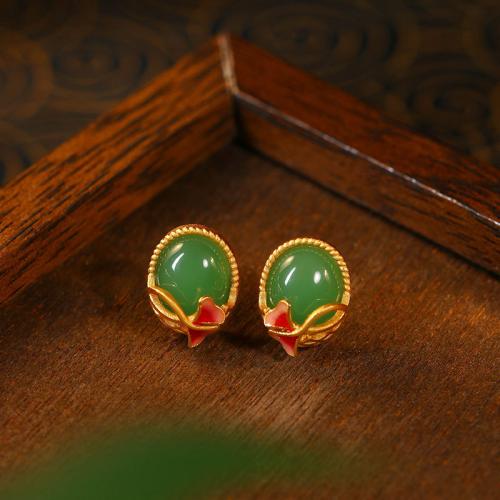 Tibetan Style Stud Earring, with Jade, Ginkgo Leaf, gold color plated, vintage & for woman & enamel, 10x12mm, Sold By Pair