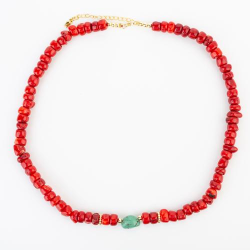 corail synthétique collier, avec laiton, style folk & unisexe, beads size 9x6mm, Longueur:Environ 550 mm, Vendu par PC