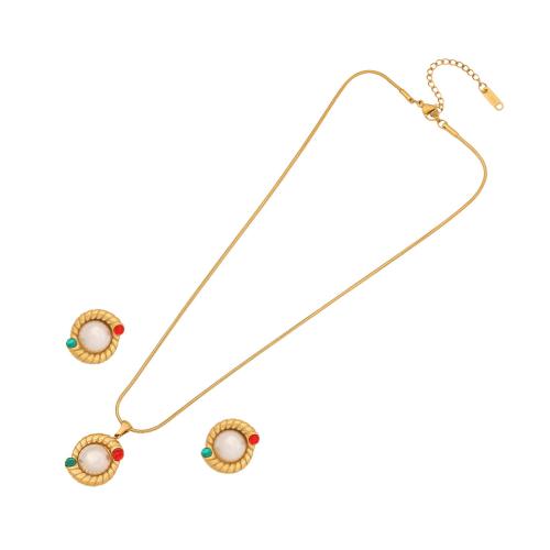 Conjuntos de joyería de acero inoxidable, Pendiente de stud & collar, acero inoxidable 304, con Ojo de gato, con 5cm extender cadena, 2 piezas & diferentes estilos para la opción & para mujer, dorado, longitud aproximado 40 cm, Vendido por Set