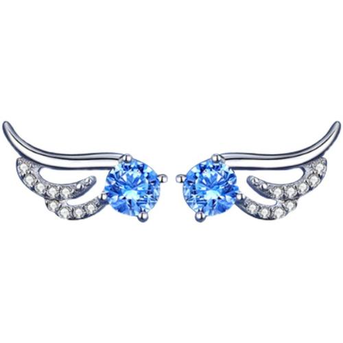 Brass Stud Earring, Wing Shape, fashion jewelry & for woman & with rhinestone, blue, 6x13mm, Sold By Pair