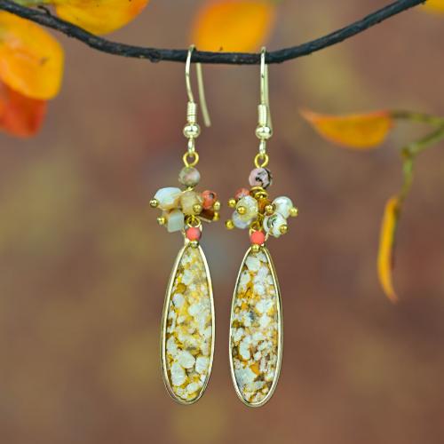 Boucles d'oreilles pendantes en laiton, avec agate océan, bijoux de mode & pour femme, doré, 62mm, Vendu par paire