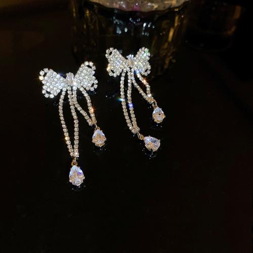 Tibetan Style Stud Earring, Bowknot, fashion jewelry & for woman & with rhinestone, more colors for choice, 24x54mm, Sold By Pair