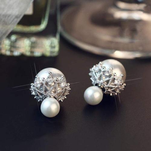 Zinc Alloy Stud Earring with Plastic Pearl fashion jewelry & micro pave cubic zirconia & for woman Sold By Pair