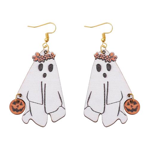 madera Pendientes con Colgantes, con acero inoxidable 304, Fantasma, Joyería de Halloween & para mujer, 75x35mm, Vendido por Par