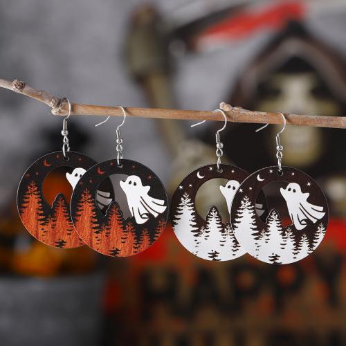 Hout Drop Earring, met 304 roestvrij staal, Halloween Jewelry Gift & voor vrouw, meer kleuren voor de keuze, 60x40mm, Verkocht door pair