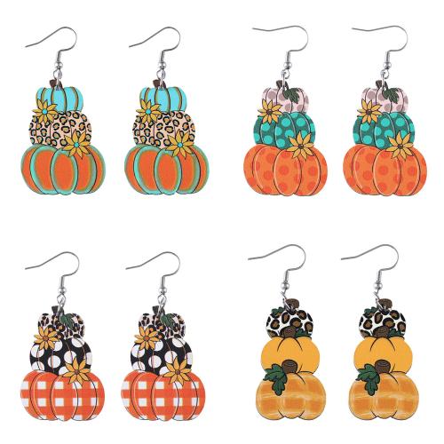 Hout Drop Earring, met 304 roestvrij staal, Pompoen, Halloween Jewelry Gift & verschillende ontwerpen voor de keuze & voor vrouw, 60x30mm, Verkocht door pair